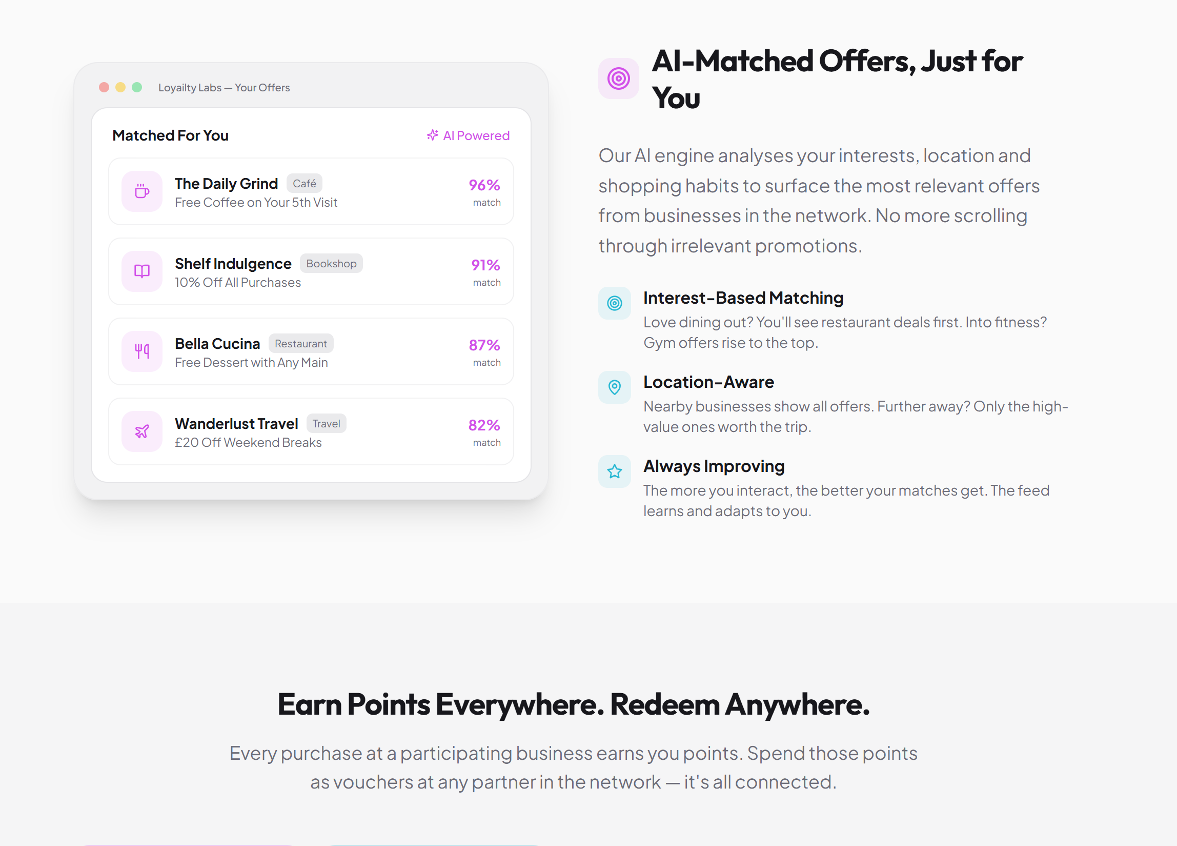 Loyailty Labs app screenshot showing AI-matched offers